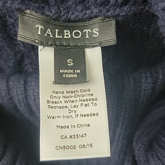 TALBOTS Navy Blue Cable Knit Button Collar Turtleneck Preppy Poncho Sweater S - Picture 5 of 7